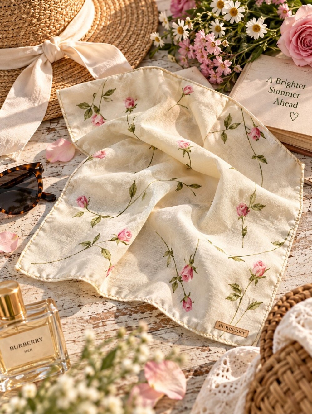 Vintage Burberry Rose Floral Neck Scarf Cotton Head Scarf 22x22 Cottagecore